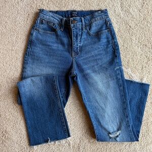 J.Crew High Rise Flare Crop Jeans Distressed Raw Hem Blue Denim Size 24